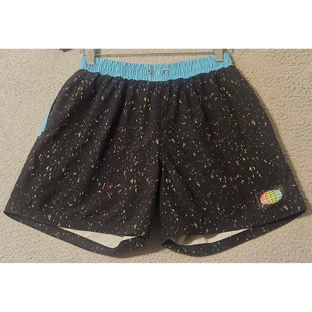 Slunks Mens Board Shorts Black Paint Splatter Blue Waistband Swim Trunks Size M
